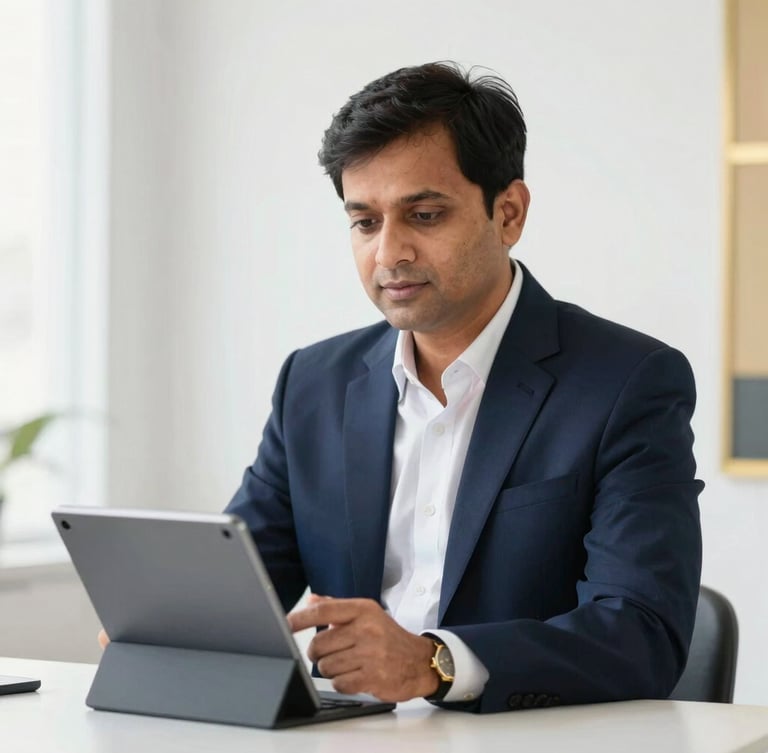 Professional portrait of a financial mentor in a clean, brightly lit Patna studio, explaining risk management concepts on a tablet, deep navy and gold accents, professional corporate editorial, 35mm lens