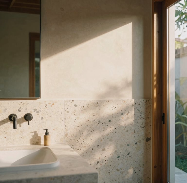 Tight tactile study of raw terrazzo and local stone in a sun-drenched Bali villa bathroom, soft golden-hour shadows.
