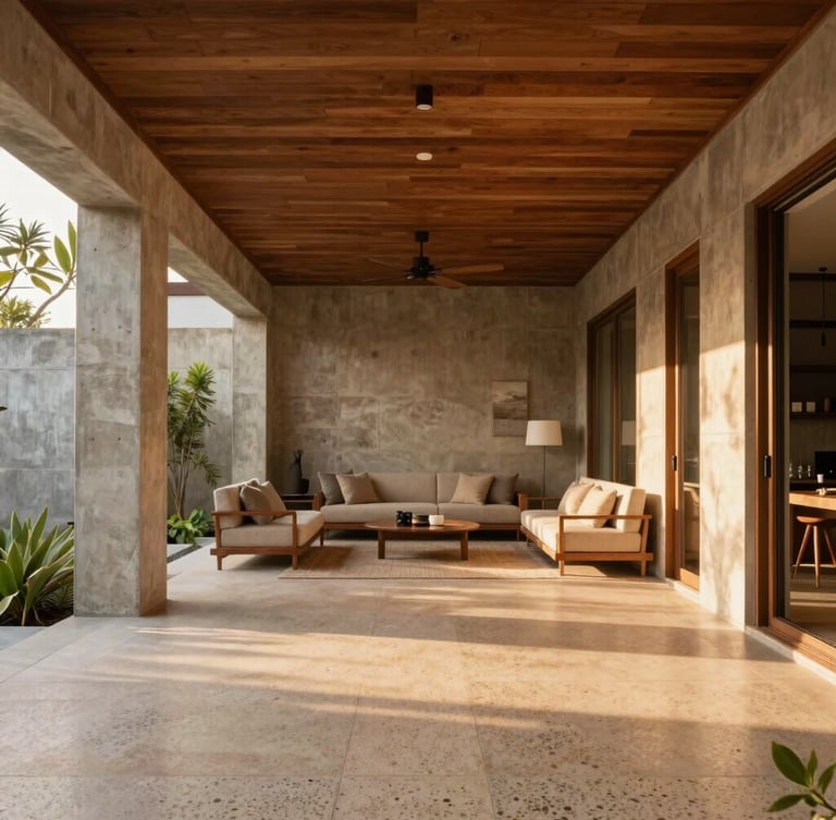Straight-on architectural shot of a modern luxury Bali villa living space, warm timber ceiling, raw concrete walls, soft golden hour light casting long shadows across a terrazzo floor.