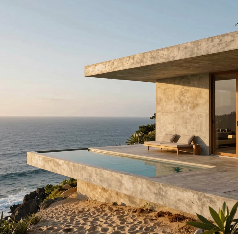 Minimalist concrete villa on Uluwatu cliff edge, clean pool deck, dramatic golden hour shadows, ocean horizon background