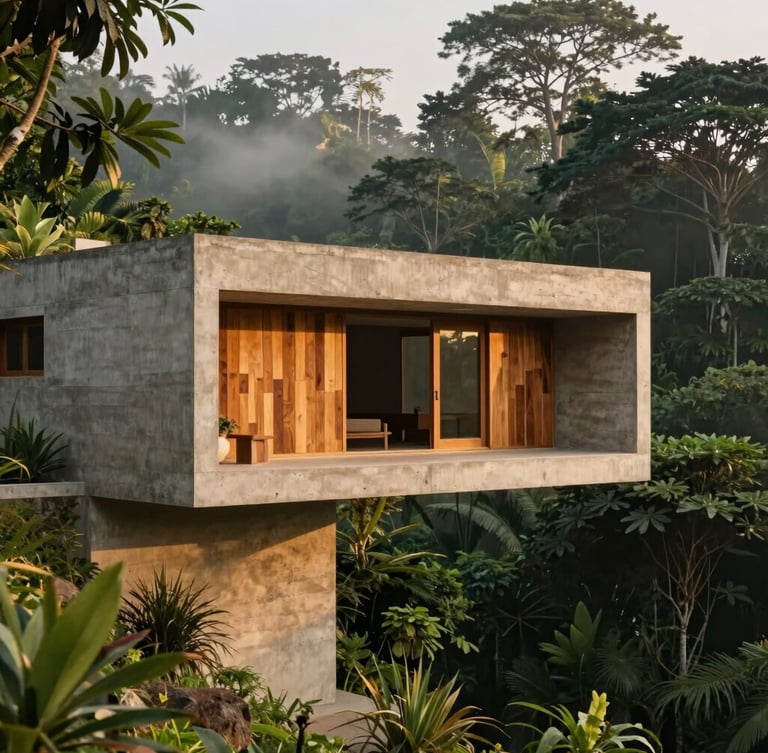 Architectural study of Villa Sayan in Ubud, raw concrete cantilevered over lush jungle ravine, warm timber accents, morning mist