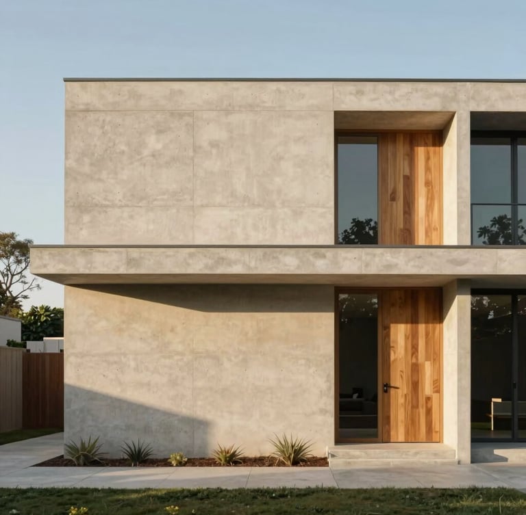 Architectural elevation of a modern concrete and teak villa, straight-on framing, soft morning light casting clean linear shadows, negative space on the left.