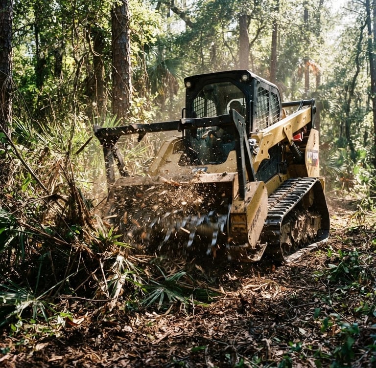Low-angle shot of a heavy-duty forestry mulcher with sharp steel teeth, chewing through dense Florida scrub under high-contrast morning sunlight, wood chips flying.