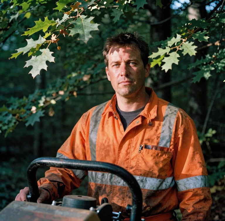 Close-up of a rugged operator in high-visibility orange gear standing next to a forestry mulcher, natural afternoon sunlight filtering through oak leaves, honest portrait, 35mm film.