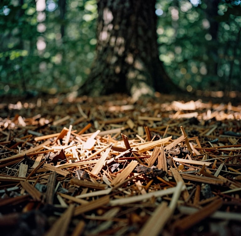 Close-up of freshly shredded rich wood mulch on the forest floor, a mature oak trunk in the background, warm natural sunlight filtering through leaves, 35mm film.
