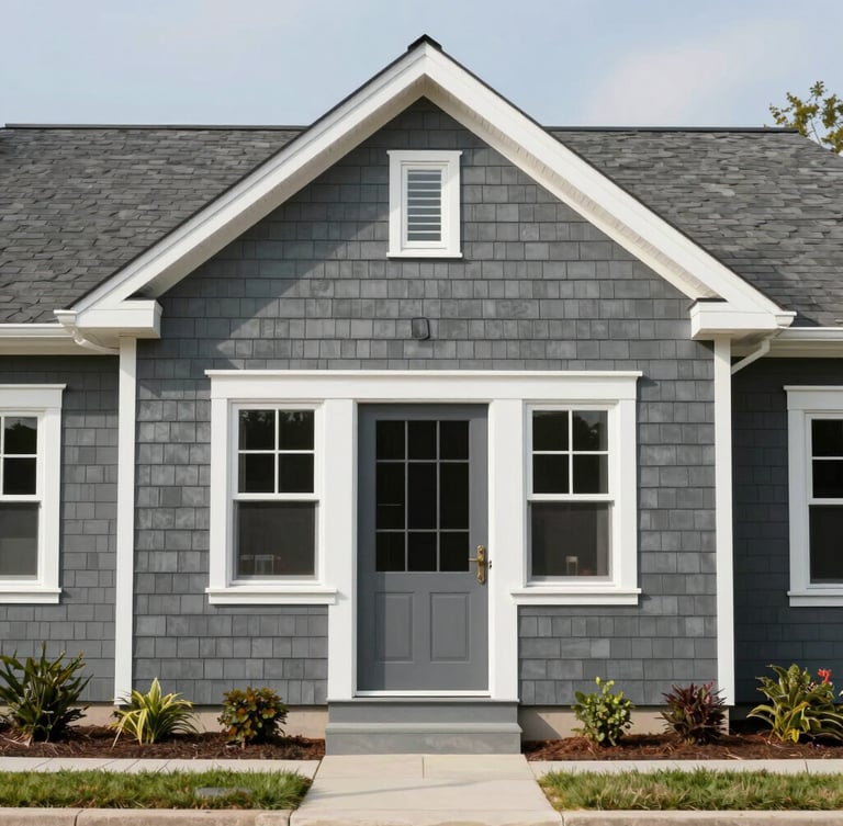 Straight-on architectural shot of a newly painted slate gray home exterior with crisp white trim, bright daylight, and neat hardscaping.