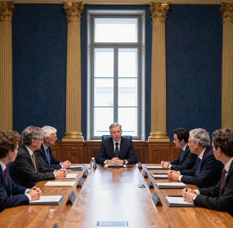 Wide environmental shot of a high-level diplomatic roundtable in a historic European hall, soft window light, deep navy and gold tones, editorial documentary style