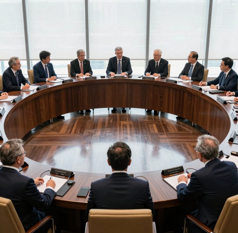 Wide environmental shot of a high-level diplomatic summit roundtable, soft natural window light reflecting on dark polished wood, elegant navy and gold undertones, professional delegates speaking.
