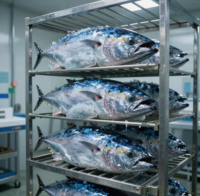 Industrial cold storage facility with vacuum-sealed frozen tuna blocks stacked on stainless steel racks under cool, clinical lighting.