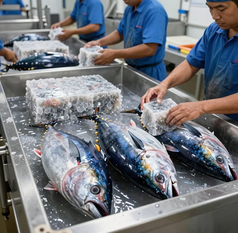 Industrial seafood processing line in Pasuruan, stainless steel surfaces, clean clinical lighting, workers preparing fresh tuna blocks for blast freezing