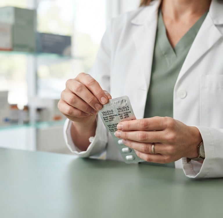 Close-up of a pharmacist's hands carefully inspecting the seal on authentic medicine packaging, clean clinical photography, bright natural daylight, soft sage and slate tones, sharp focus, professional editorial style, 50mm lens, portrait aspect