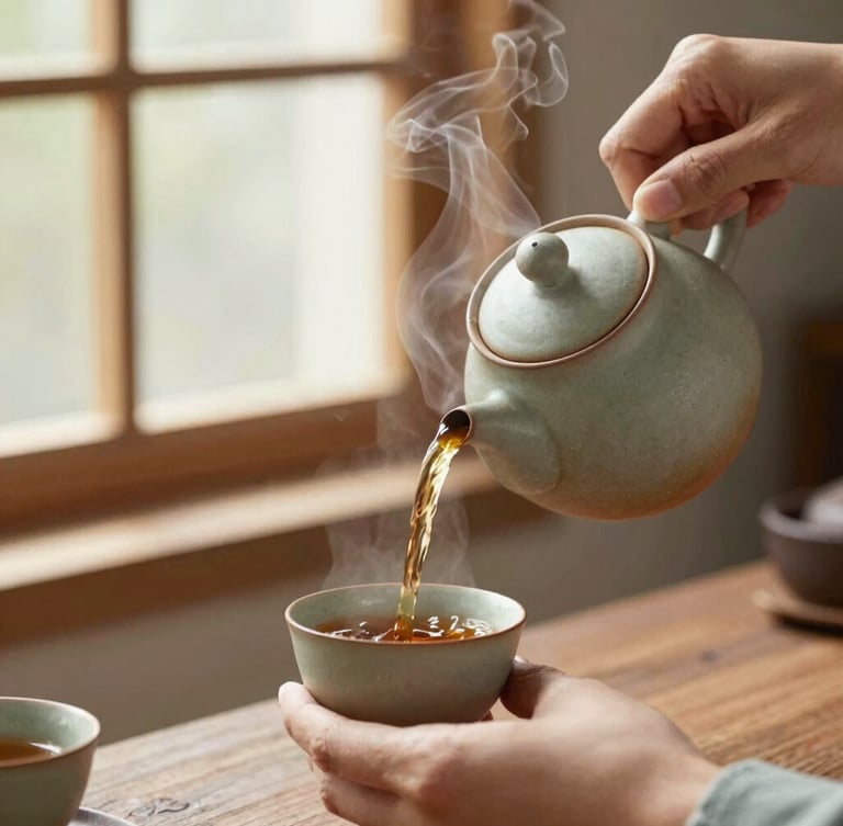 Close-up detail of hands pouring steaming amber tea from a rustic ceramic teapot into a matching cup, warm afternoon window light, earthy terracotta tones, shallow depth of field, 35mm