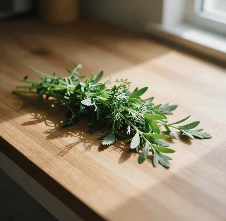 Warm wooden table with fresh green herbs being sorted, soft afternoon light coming through a window casting long shadows, organic textures, sage green tones, 35mm photography