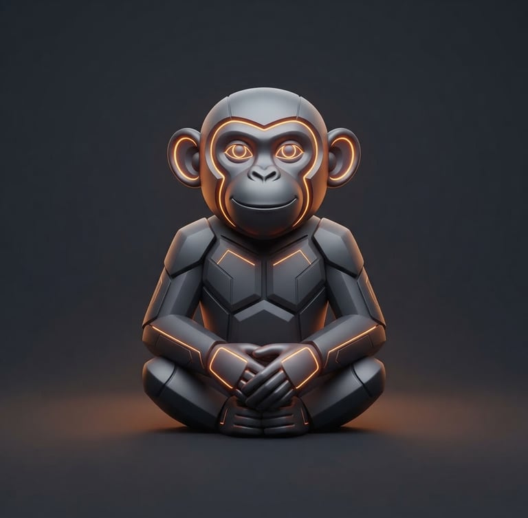 Minimalist 3D vector illustration of a sophisticated monkey mascot with subtle orange glowing neon accents, set against a deep charcoal background, clean lines, premium tech aesthetic