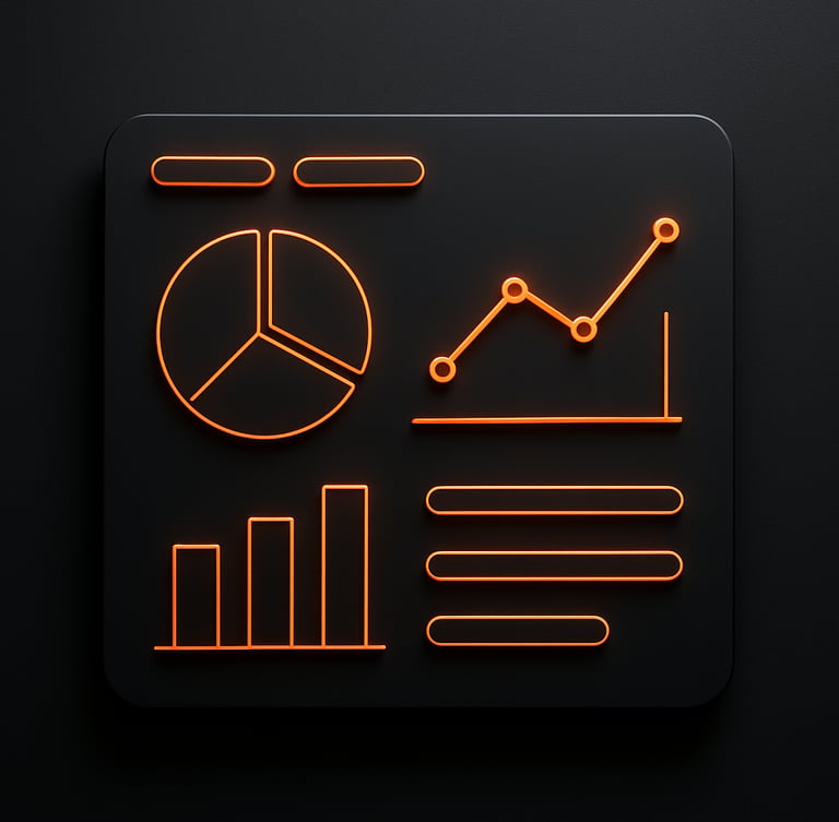 Sleek dark tech mockup showing clean campaign metrics and analytics on a charcoal screen, glowing orange UI elements, moody studio lighting