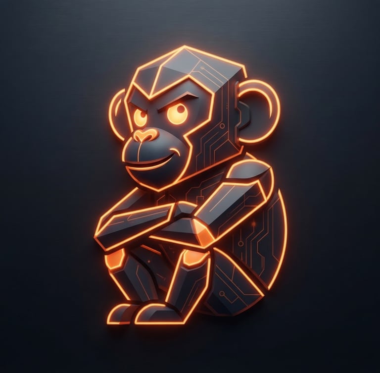 Sleek dark charcoal background, minimalist 3D vector illustration of an abstract monkey mascot with subtle orange neon glows, premium tech aesthetic, clean lines