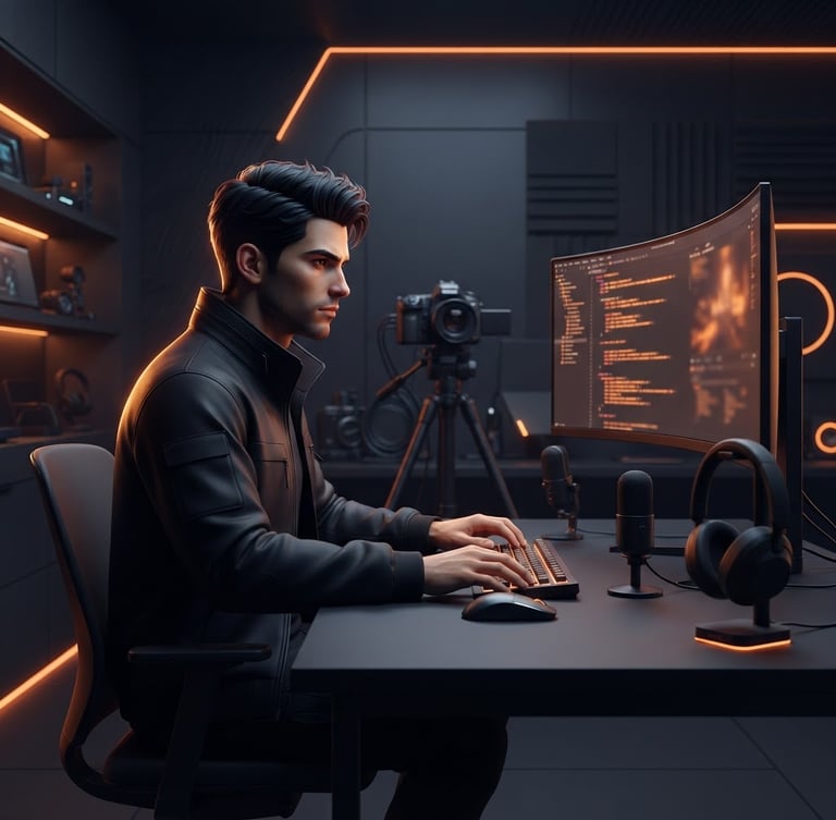 Moody high-end lifestyle portrait of a digital creator in a dark creative studio, warm orange rim lighting highlighting their profile, minimal aesthetic, sleek dark charcoal background, professional camera gear softly blurred
