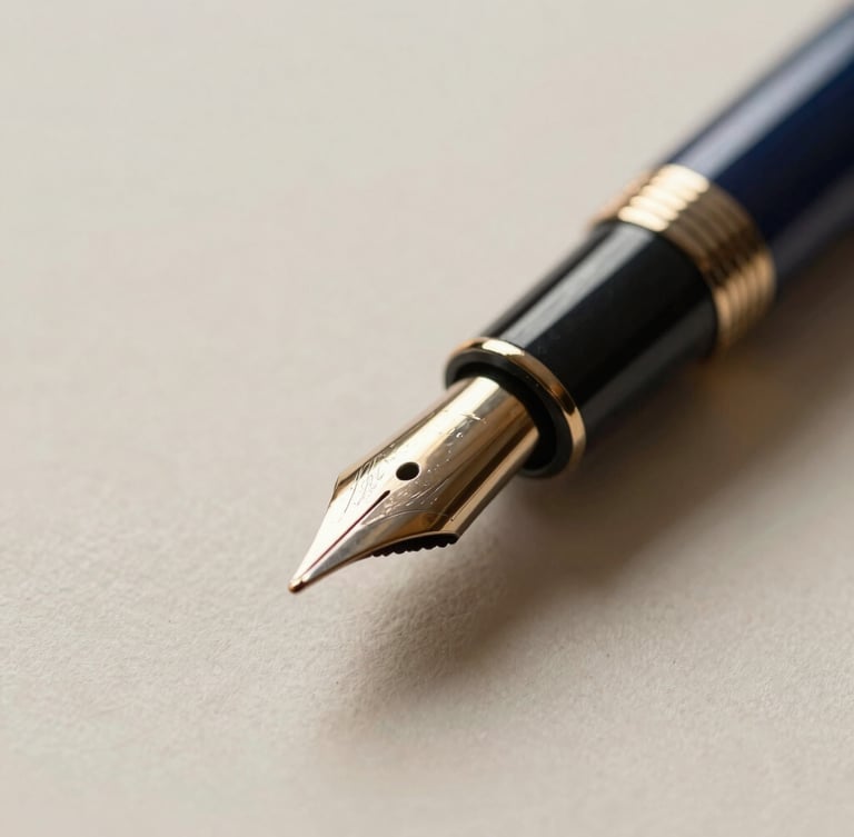 Macro close-up editorial photography of a high-quality fountain pen resting on textured heavy paper, warm natural side-lighting, elegant and professional atmosphere, shallow depth of field, 35mm