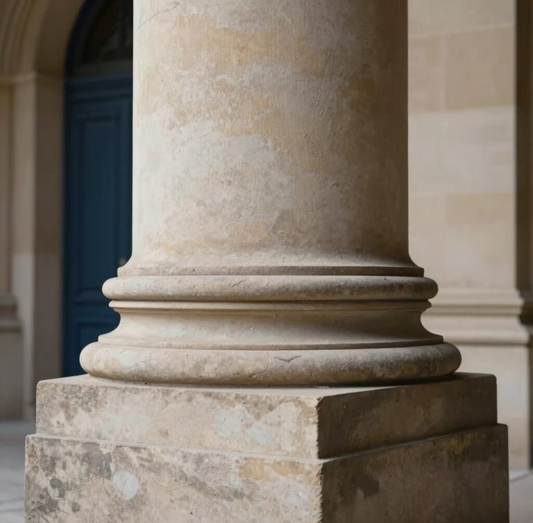 Sober editorial photography, soft natural side-lighting, macro detail of a classic stone column in a heritage building, warm muted tones, deep navy and champagne accents, shallow depth of field, 35mm