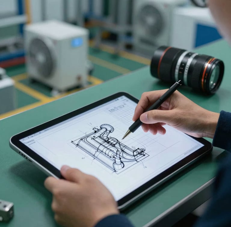 An engineer's hands working on a detailed CAD drawing of an HVAC system on a tablet, with a blueprint grid overlay, cool facility lighting, 35mm lens