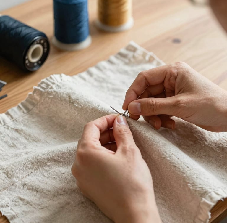 Close-up of hands carefully stitching heavy linen fabric on a clean wooden table, warm natural morning light, sharp focus on the needlework