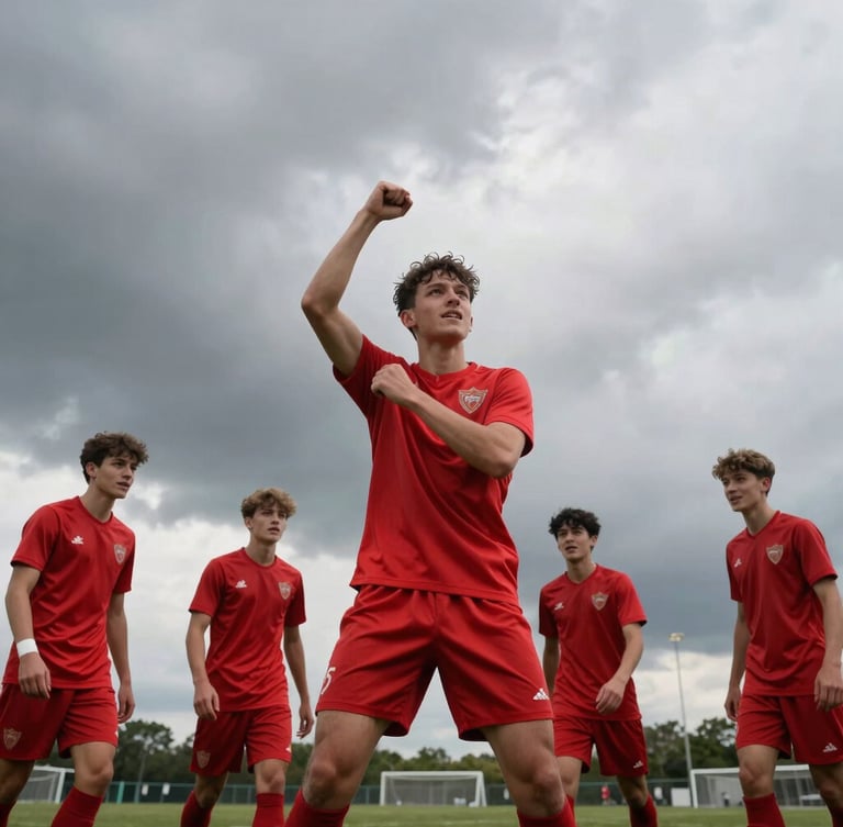 Low-angle dynamic shot of young football players in red jerseys celebrating a goal under dramatic overcast skies, high contrast, natural lighting.