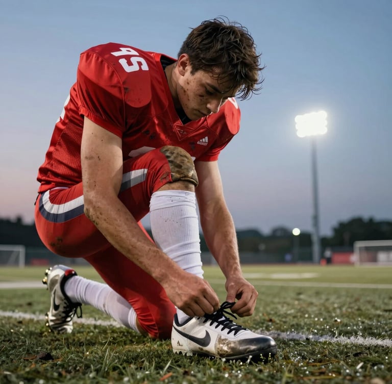 Low-angle dynamic shot of a youth football player in a mud-stained red jersey tying his boots on the turf, sharp evening floodlights, high contrast.