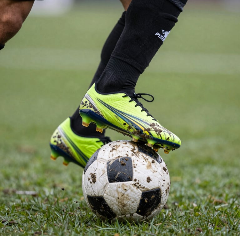 Tight close-up of dynamic football boots kicking a muddy ball on wet green turf, sharp focus, natural outdoor light