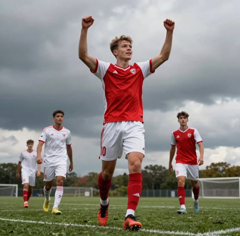 Low-angle dynamic shot of young football players in red and white jerseys celebrating a goal on a green grass pitch under dramatic overcast skies, high contrast, natural outdoor light.