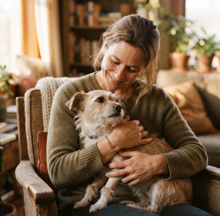 Intimate close-up of a volunteer gently holding a recovering rescue dog in a warm, sunlit living room, shallow depth of field, 35mm