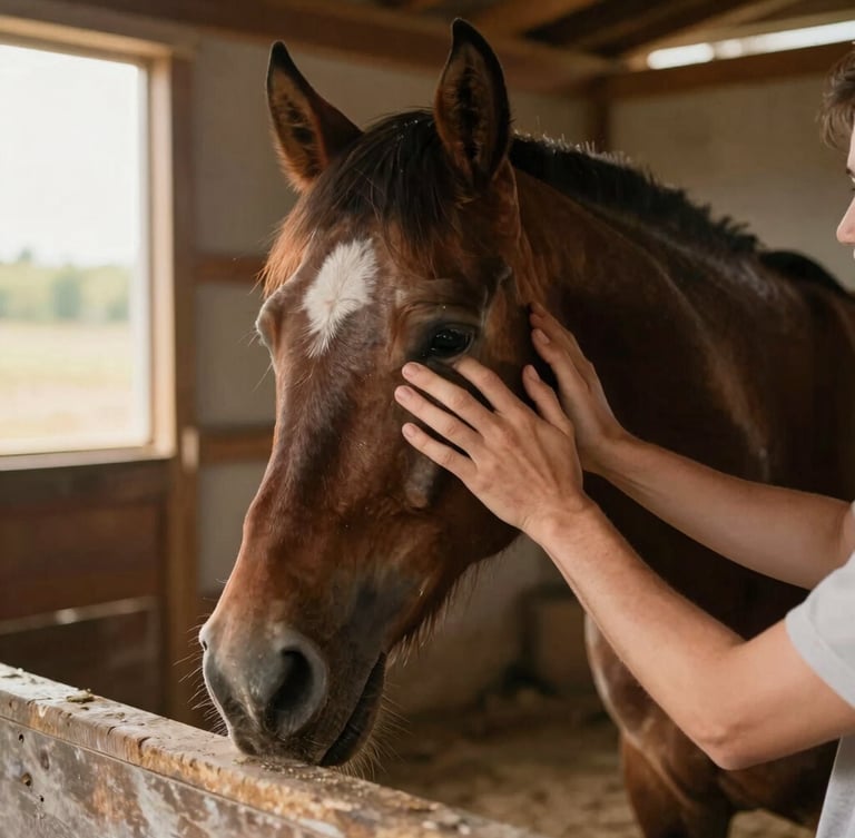 Intimate close-up of hands gently comforting a recovering horse in a wooden barn, soft natural light filtering through a side window