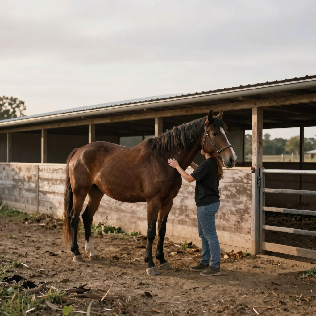 A quiet moment of rehabilitation in a foster barn, a volunteer leading a horse under soft overcast daylight, earthy desaturated tones