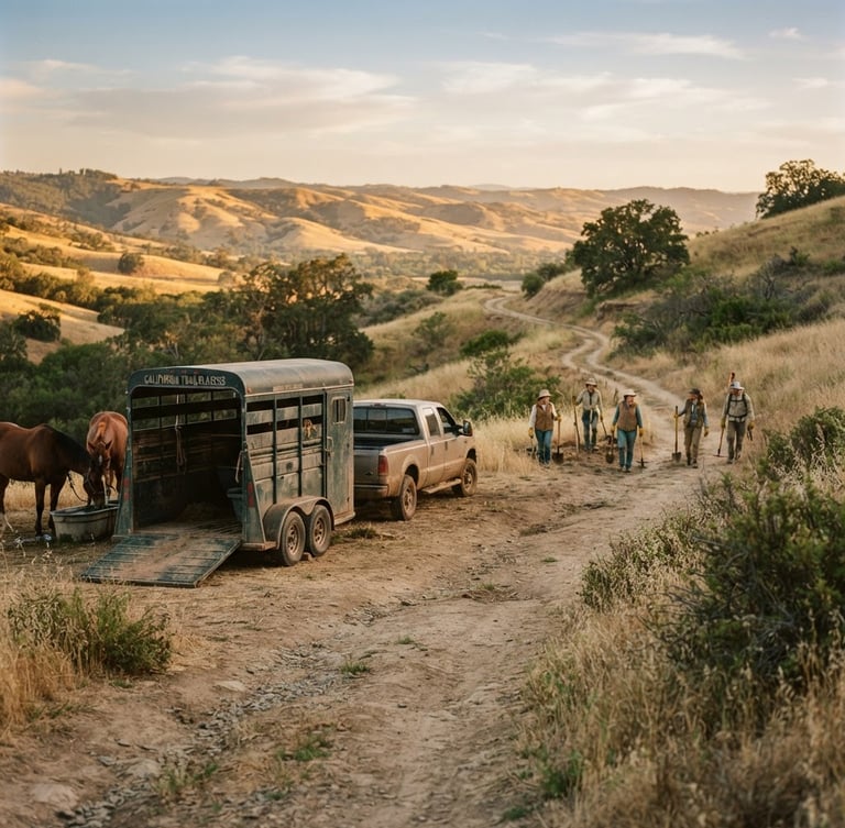 Wide environmental shot of Northern California foothills at golden hour, a horse trailer parked on a dusty trail with volunteers in the background
