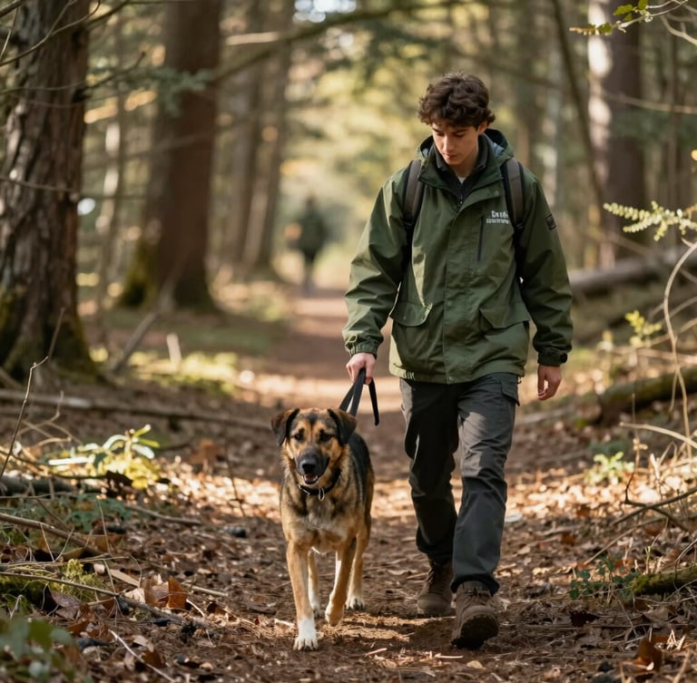 A volunteer in a forest-green jacket leading a rescued dog through a sunlit woodland path, warm editorial photography, shallow depth of field, 35mm.