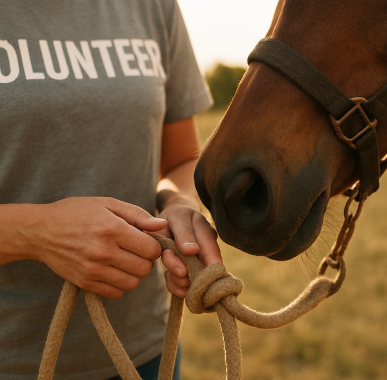Close-up of a volunteer's hands gently securing a horse's lead rope in a sunlit pasture, warm golden light, shallow depth of field, 35mm