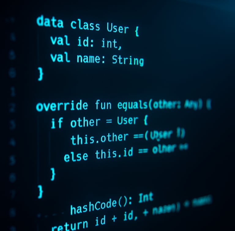 Close-up of a code editor with syntax highlighting in cool neon cyan and frosty blue, showing optimized Kotlin structures, moody ambient studio lighting