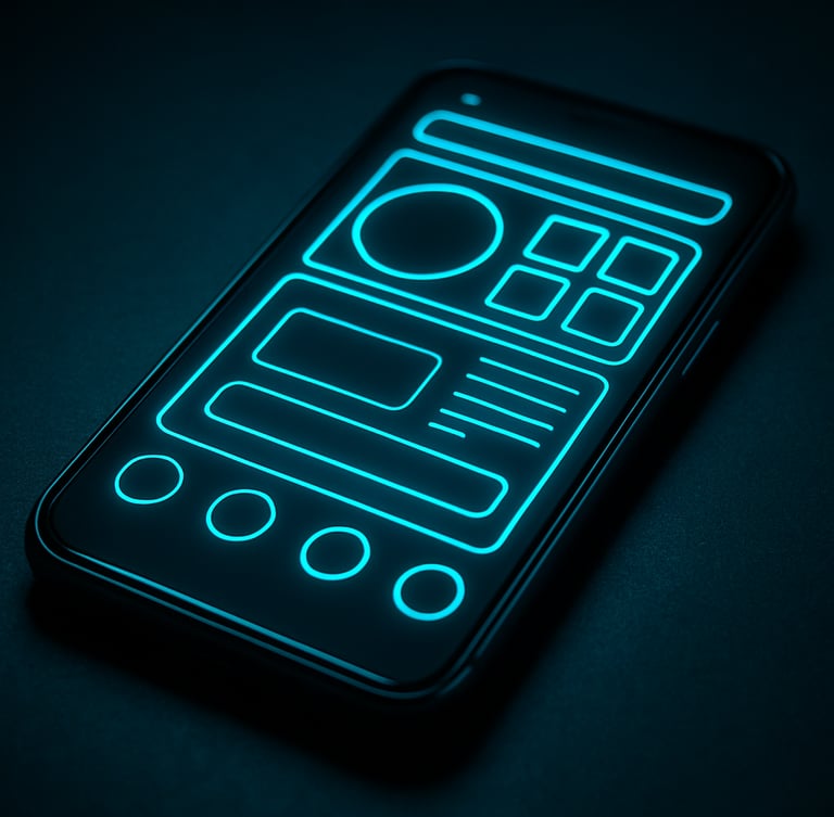 Angled perspective shot of a sleek Android device displaying a complex, glowing neon cyan user interface, moody ambient low-key studio lighting with frosty blue accents, 35mm