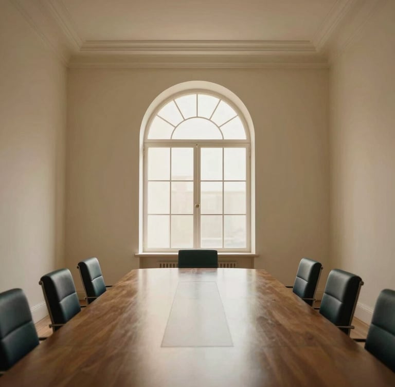 Wide environmental shot of a high-end diplomatic boardroom, minimalist cream walls, large arched window with soft warm light, extreme negative space.