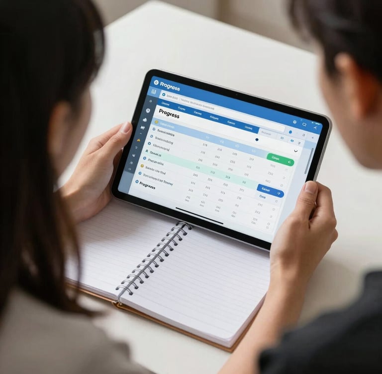 Over-the-shoulder view of a student analyzing a progress dashboard on a tablet next to a physical notebook under bright daylight.