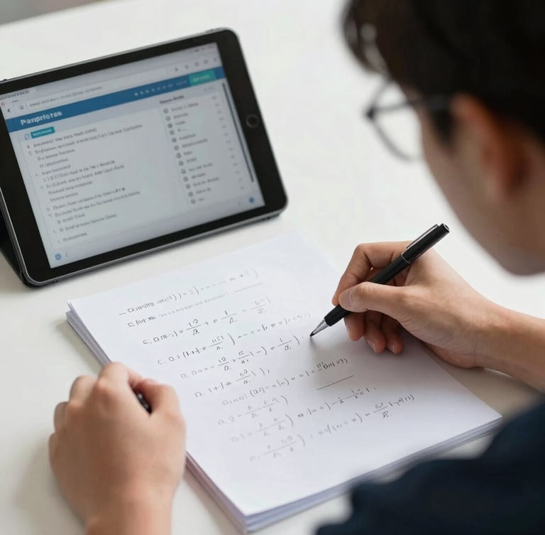 Over-the-shoulder view of a student analyzing a printed mathematical formula sheet next to a tablet displaying performance metrics under crisp daylight.