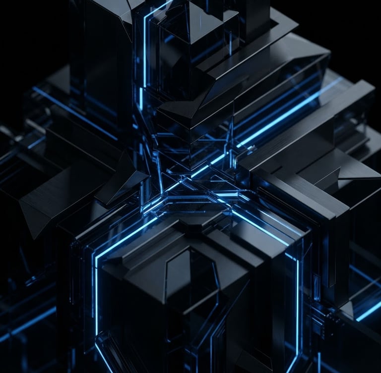 Isometric 3D render of a dark glass monolithic structure reflecting sharp electric blue light, ultra-crisp macro depth of field, black background.