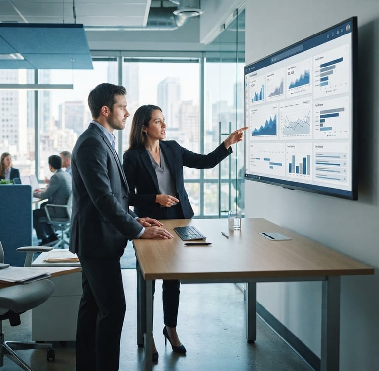 A bright, modern law office interior with two attorneys looking at a digital dashboard on a large screen, cool blue and slate gray tones, sharp focus, 35mm