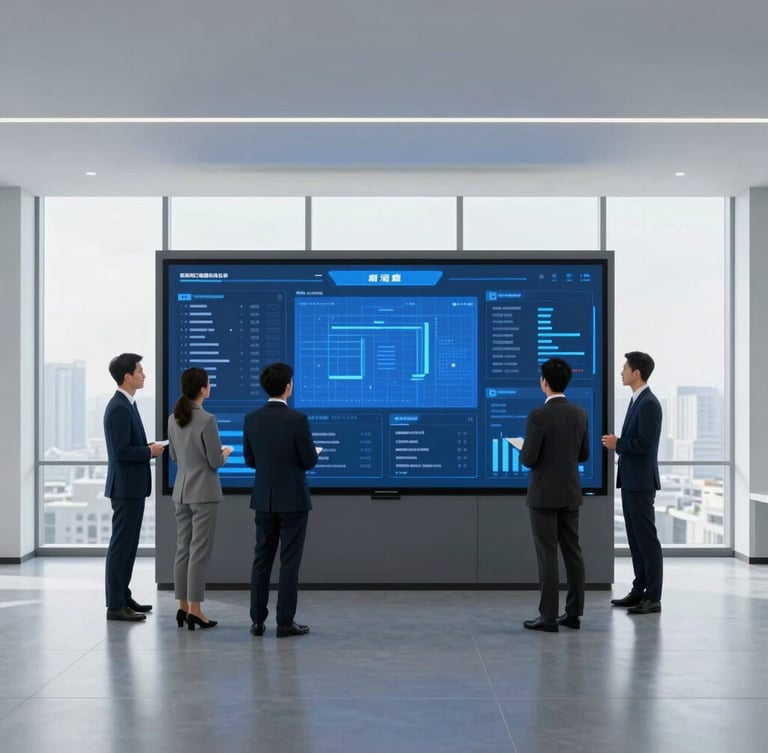 Modern bright law office interior with large windows, attorneys collaborating over digital dashboards on a large screen, cool blue and slate gray tones, sharp focus, 35mm
