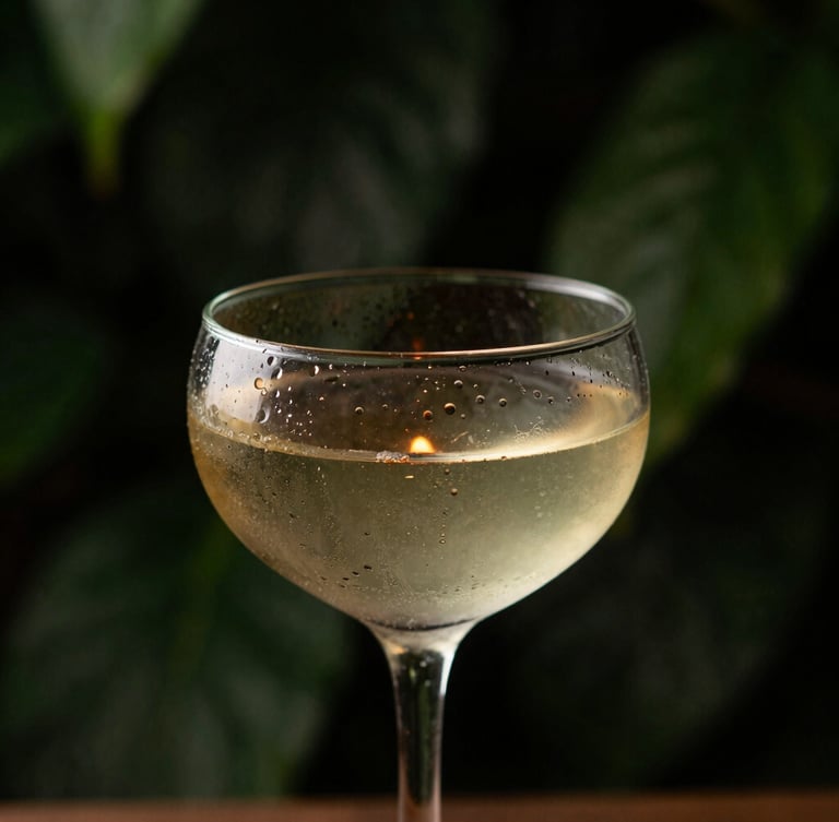 Close-up of a single cocktail in delicate glassware, condensation on glass, warm candlelit glow, deep shadow-heavy forest green background, shallow depth of field.