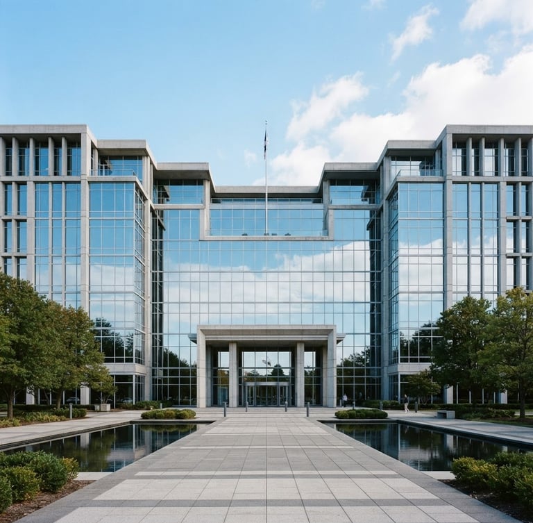 Symmetrical modern corporate headquarters exterior with clean concrete lines, glass facade reflecting crisp daylight, cool blue and white tones, 35mm architectural photography.