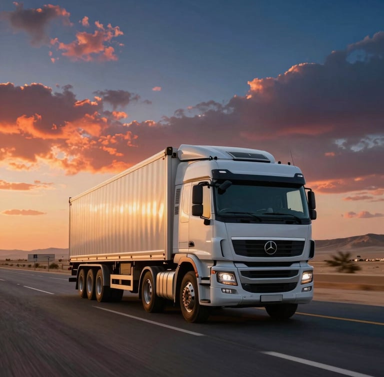 Cinematic shot of a modern heavy-duty shipping truck driving on a desert highway outside Cairo under a dramatic warm sunset sky, sharp focus, motion blur on road.