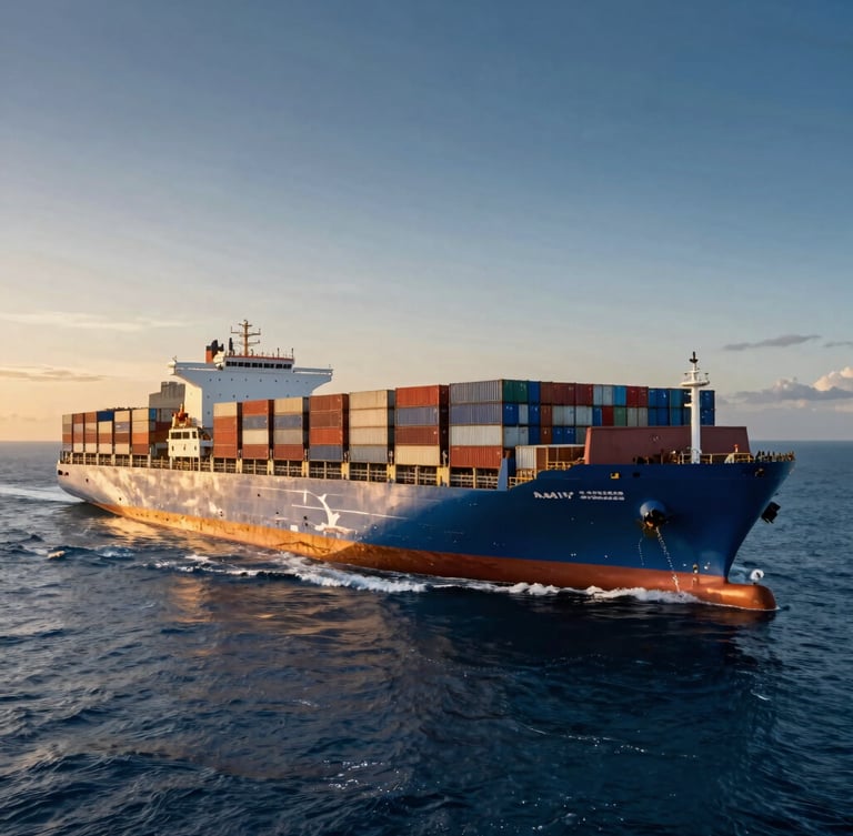 Wide-angle heroic perspective of a massive blue container ship fully loaded with colorful containers cutting through deep blue ocean water, dramatic golden hour light, sharp focus.