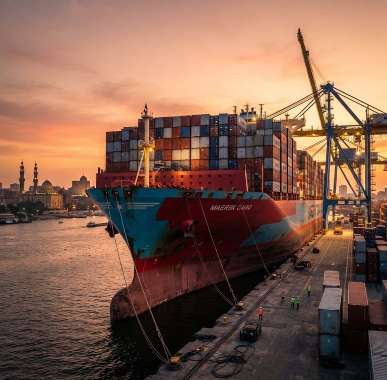 Low-angle heroic shot of a massive red and blue container ship docked at a modern Cairo port terminal during golden hour, sharp focus, cinematic lighting