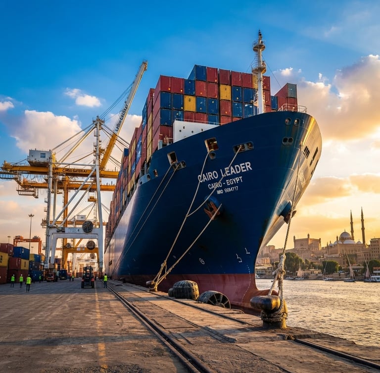 Low-angle heroic perspective of a massive container ship docked at a modern Cairo port, high-contrast daylight, deep blue hull, sharp focus