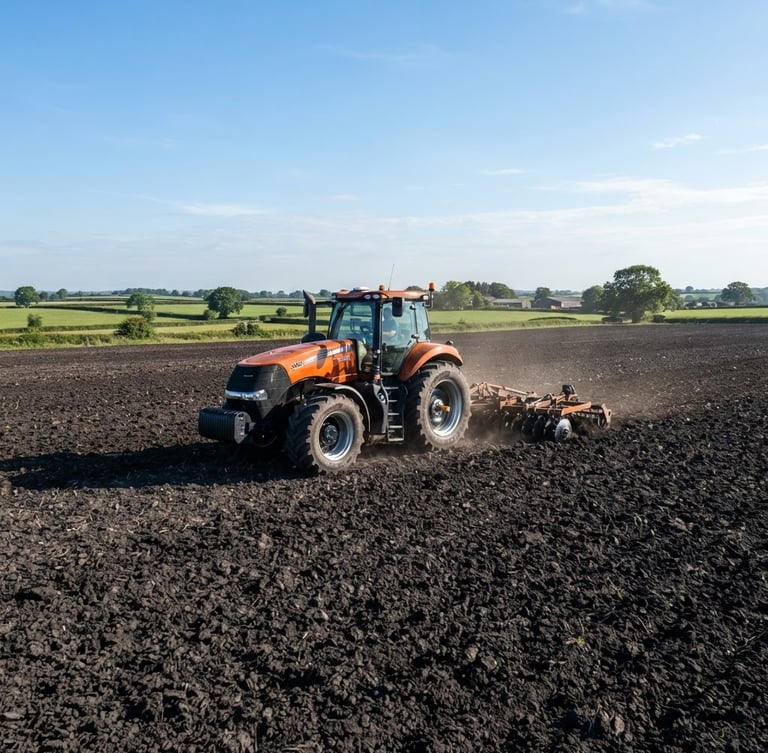 Wide panoramic view of a modern tractor tilling rich, dark soil in a field under bright morning sun, low horizon, with a clear blue sky. Crisp outdoor photography, sharp focus, 35mm.